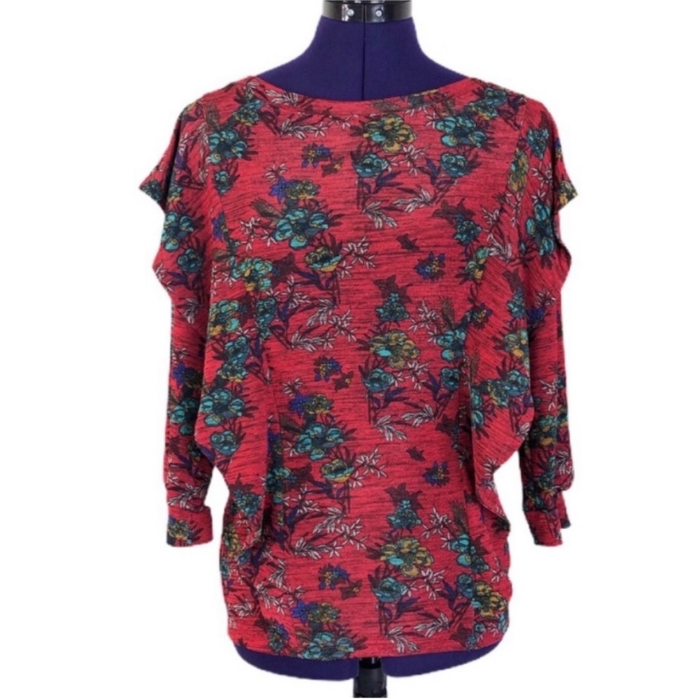 Free People Red Floral Ruffle Long Sleeve Top